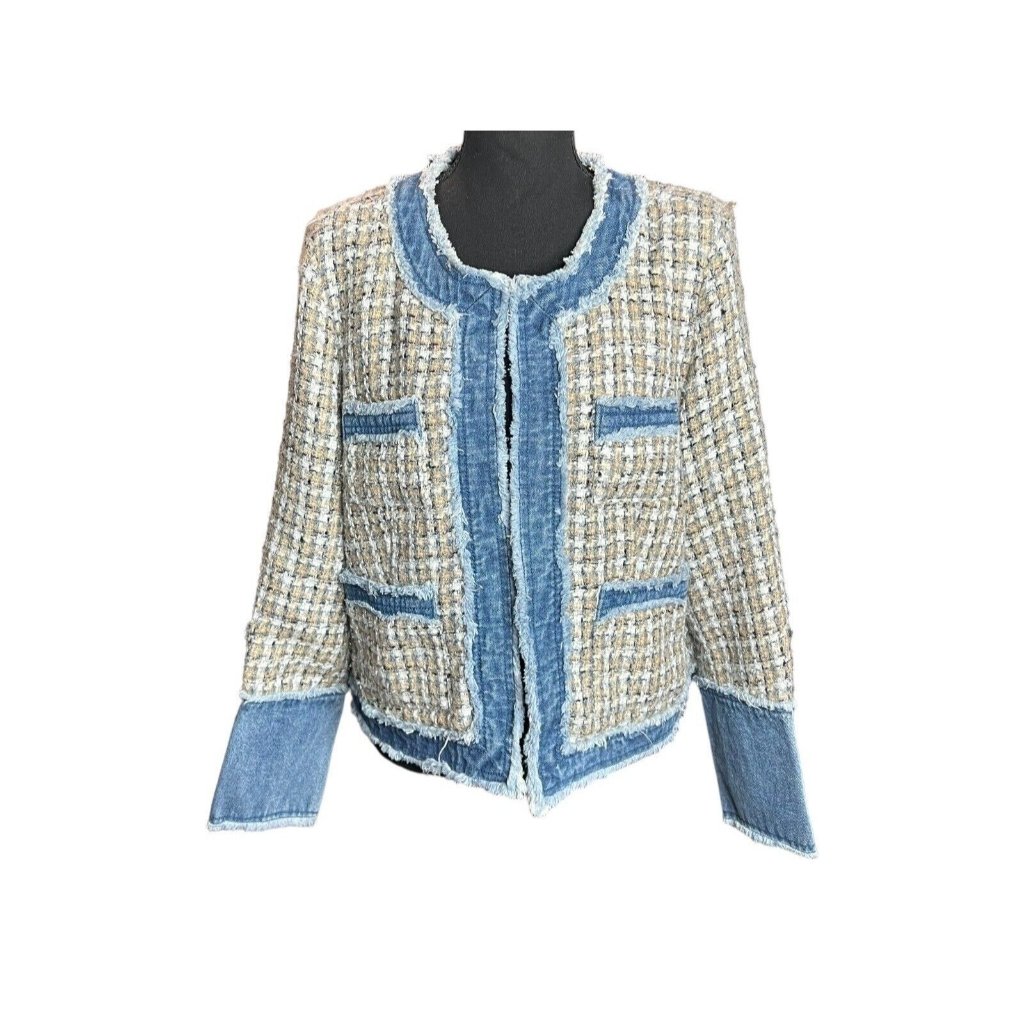 Nanette Lepore Blue Tan Tweed Denim Trim Blazer Women's Size Medium Nwt